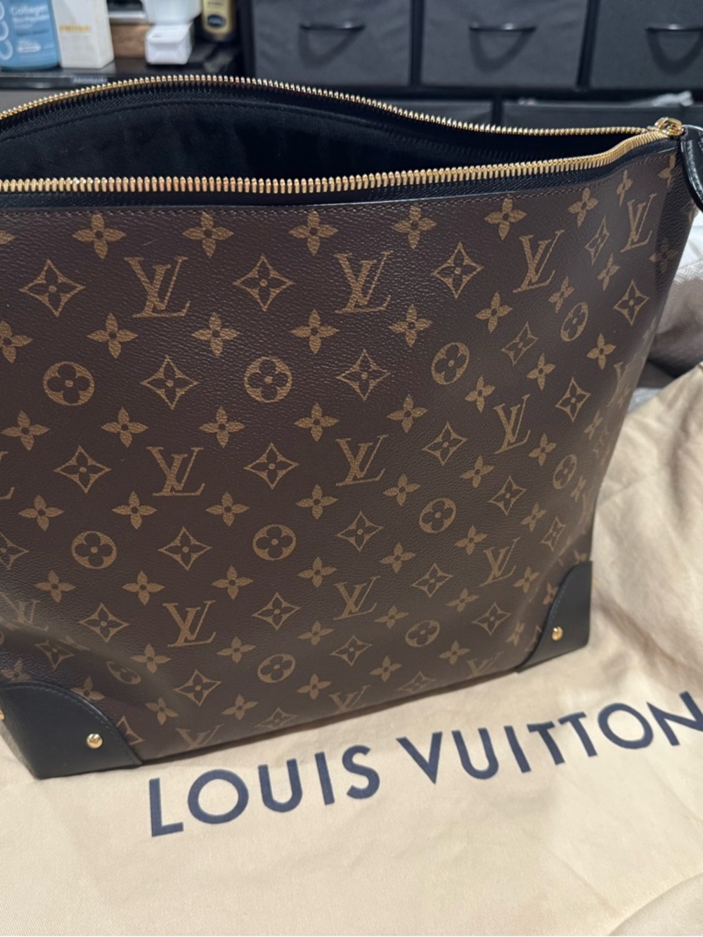 Louis Vuitton Brown Monogram Canvas Shoulder Tote with Gold Hardware